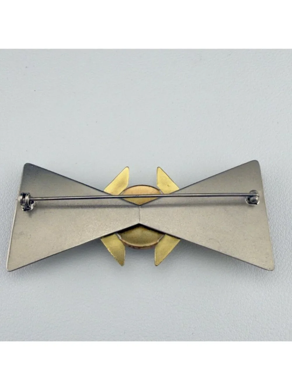 Vintage Modernist Geometric Brooch Black Cabochon Gold and Silver Tone Statement